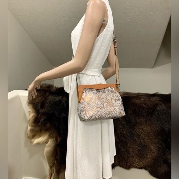 Handmade Genuine Cowhide Floral Embossed, Wooden Frame Bag & 2 Strap Styles - Picture 6 of 16